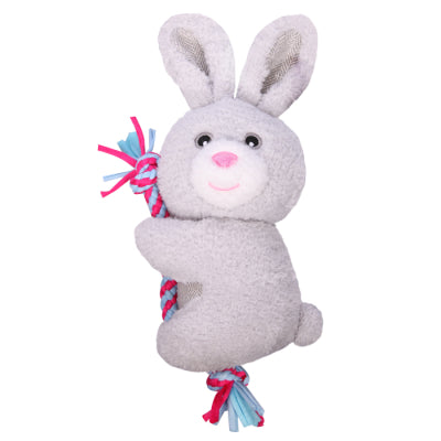 PET ONE Dog Toy Plush Squeaky Bunny W Rope  18cmH