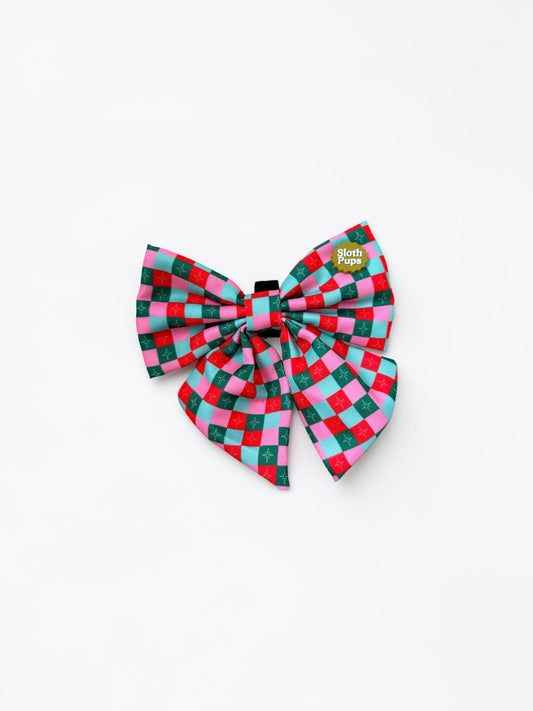 Red Green Pink Checkerboard Christmas Dog Bow Tie