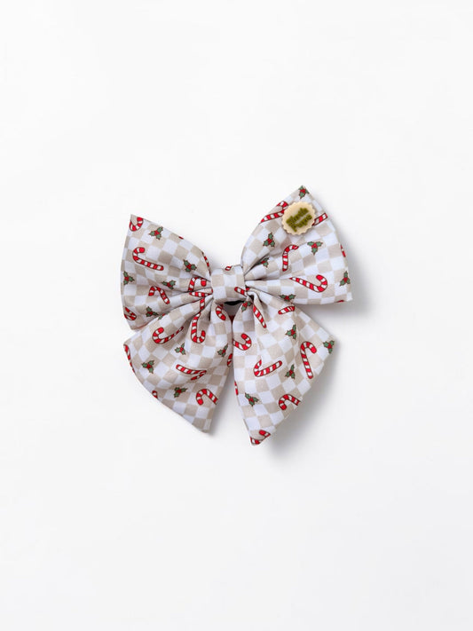 Beige Checkered Candy Cane Christmas Dog Bow Tie